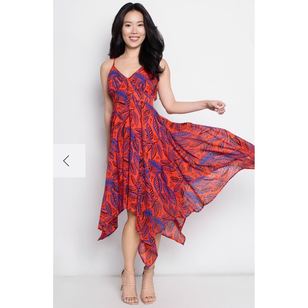 Alexis Target Midi Dress Orange Blue Botanical Leaf Print Tie Shoulder Midi